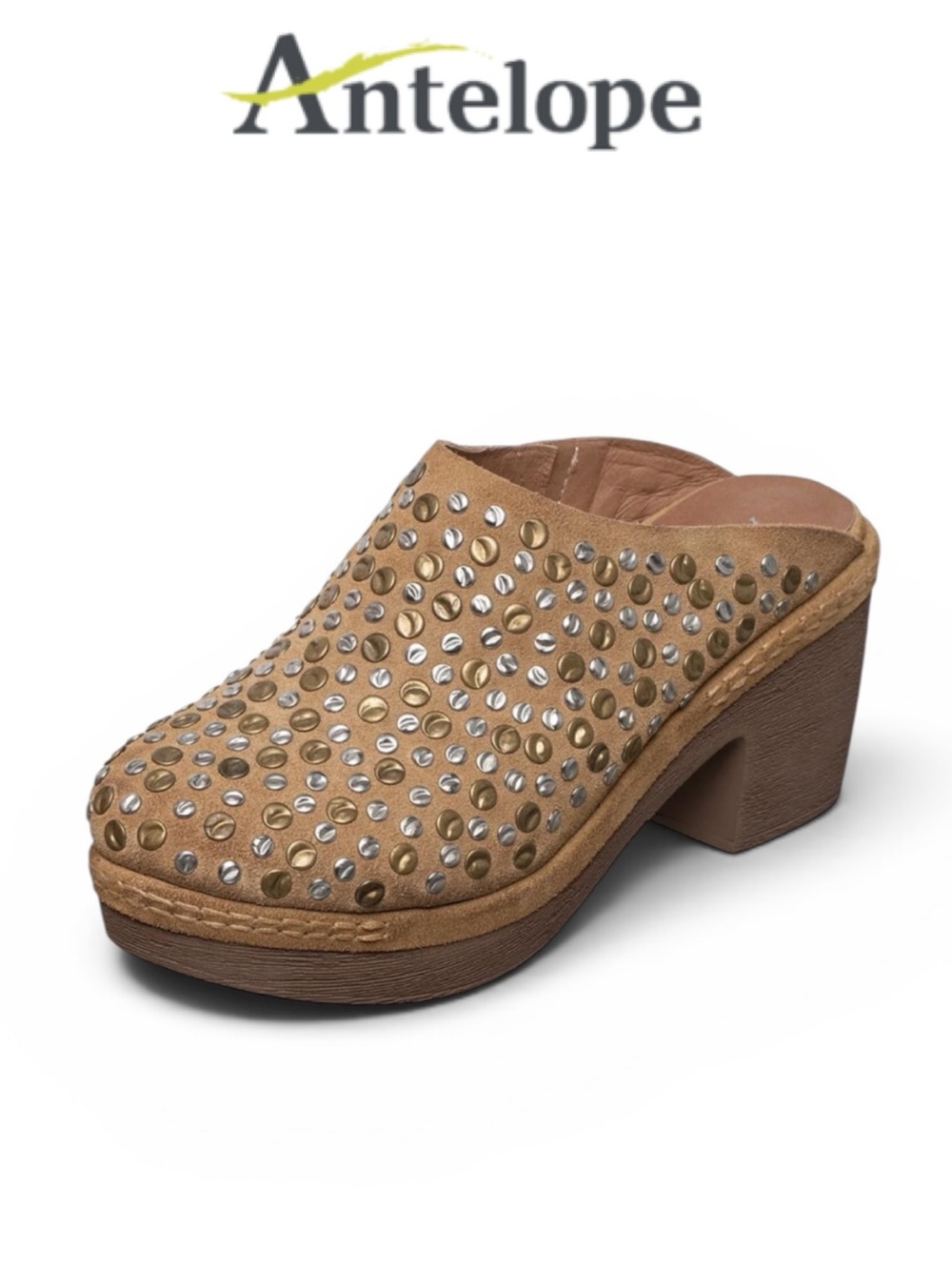 ANTELOPE R13 SERENA BOHO STUDDED TAUPE SUEDE PLATFORM WESTERN CLOGS NWT SIZE 7.5